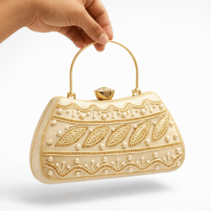 golden clutch handle trendy pu / rexine ladies hand purse